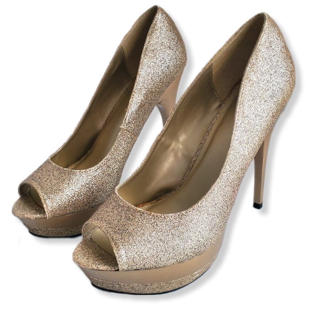 Women Gold Glitter Platform Peeptoe Heel Shoe 11 NYE Cocktail Club Wedding Prom